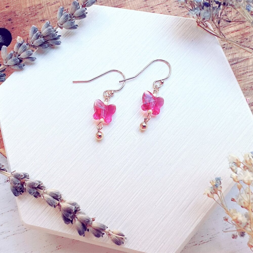 14k Gold-Filled Crystal Butterfly Earrings with Mini Bead Charm | Handmade in BC - Picture 3 of 4